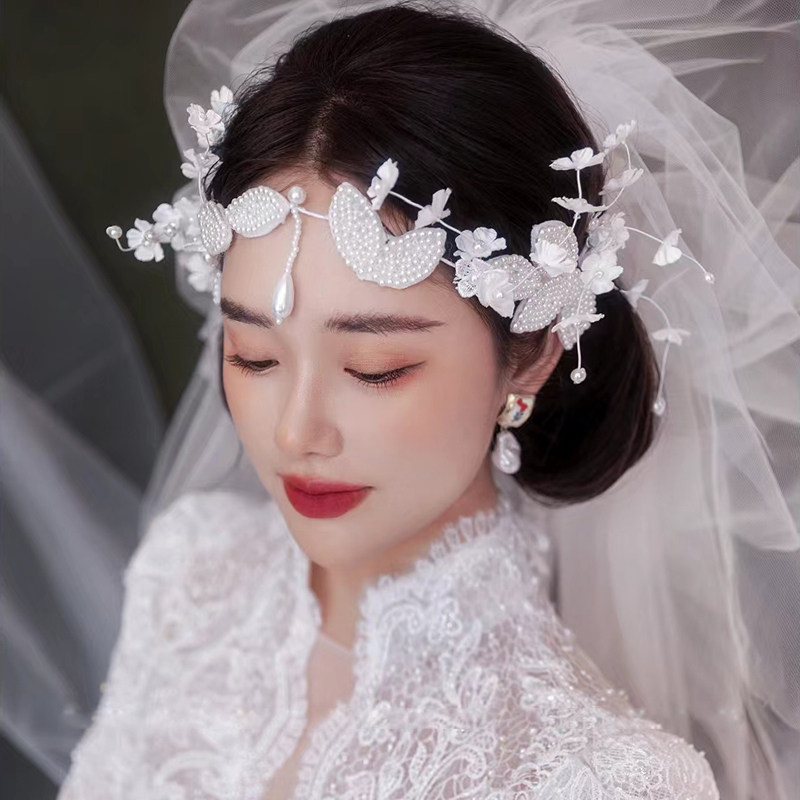 现货超仙b手工珍珠发箍甜美复古花朵头饰高级感造型婚礼蓬蓬头纱