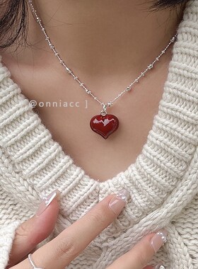 韩国红色滴釉爱心项链女锁骨链纯银高级感轻奢小众2024年新款爆款