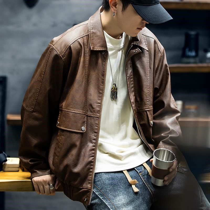 冬季加绒皮衣外套男2024新款美式复古潮牌机车服男士休闲工装夹克