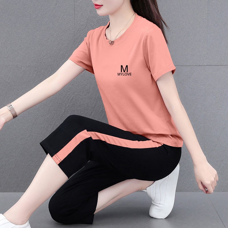 冰丝运动服套装女夏季中年新款时尚洋气七分裤短袖T恤休闲两件套