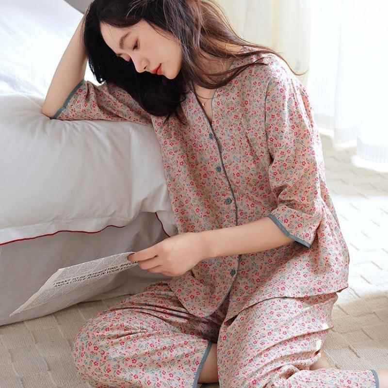 睡衣女款春夏季七分袖田园风可M外穿大码家居服套装
