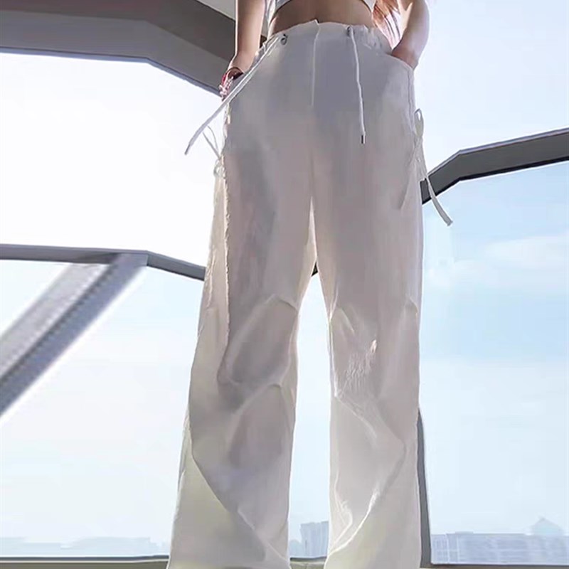 白色降落伞工装裤女l2025夏季新款薄款美式运动直筒速干冰丝阔腿