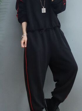 加绒加厚圆领卫衣哈伦裤两件套女 2021冬季新款宽松休闲运动套装