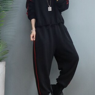 宽松休闲运动套装 加绒加厚圆领卫衣哈伦裤 新款 2021冬季 两件套女