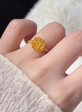 金包银拉丝小方糖戒指女爆闪花丝素圈镂空指环对戒送W女友节日礼
