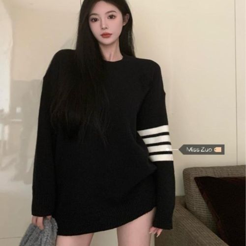 黑色毛衣女秋冬中长款2023新款美式复古慵懒风宽松针织衫