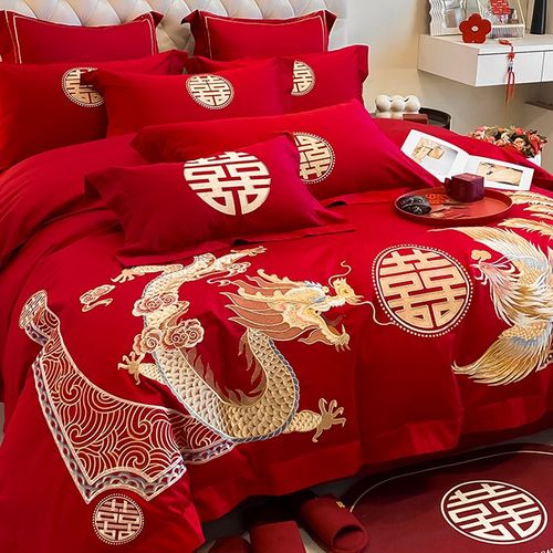 高端结婚纯棉四件套婚庆大红色全棉被套床单床笠新婚婚嫁床上用品