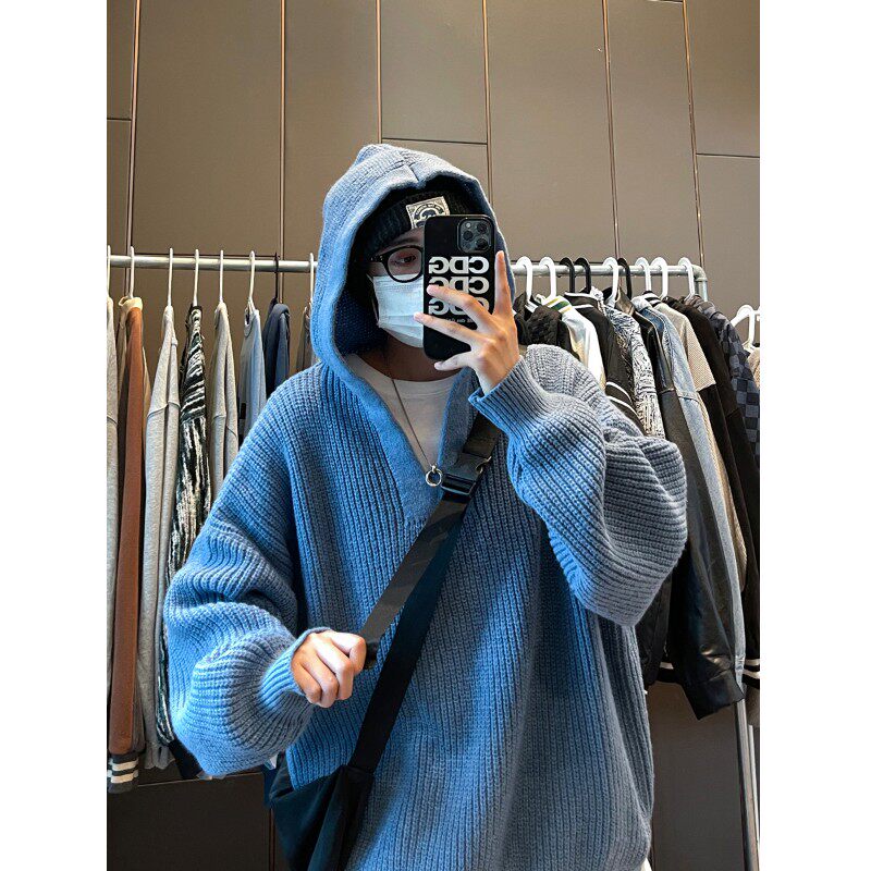 美丽的脏店秋冬韩版bf宽松慵懒风套头连帽毛衣情侣潮流针织线衫男