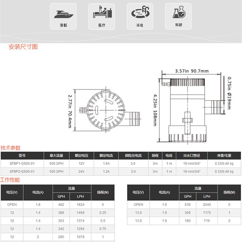 12V/24V直流潜水泵/舱底泵/游船游艇排水泵/船用水泵 750 11