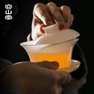 玉瓷盖碗大号三才茶碗防烫加厚玻璃琉璃仿玉功夫茶具 容山堂四季