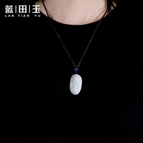 蓝田玉玉财神玉牌天然原石吊坠玉雕复古毛衣项链玉挂坠.玉吊坠送