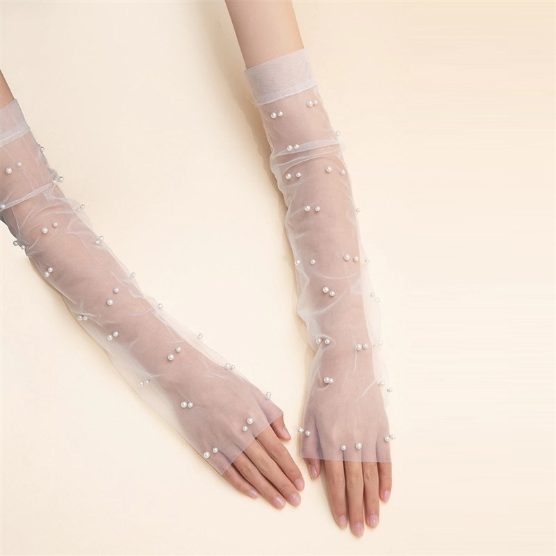 超仙法式新娘手套长款网q纱珍珠手套拍照婚纱礼服配饰套袖无指手