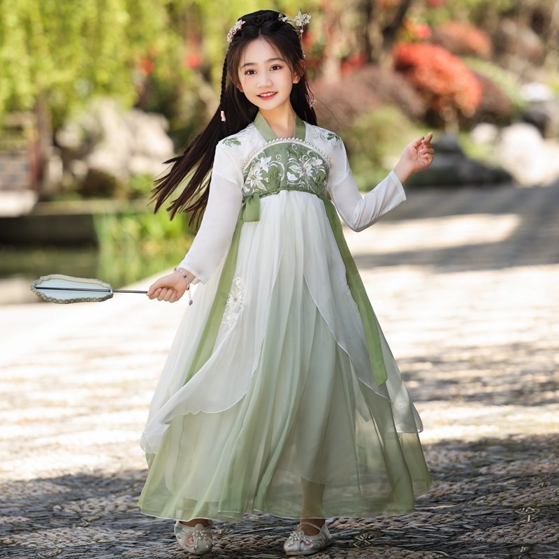 现货汉服女童春夏超仙绿色襦裙中国风唐装夏儿童古装古风演出服连