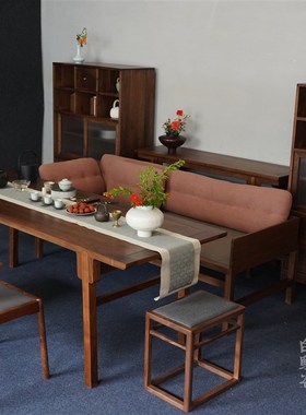 新中式黑胡桃木长桌茶家具茶室禅意简约实木会客Y桌餐桌茶桌