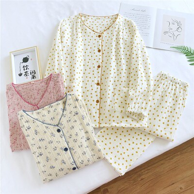 春秋纱布睡衣女夏季薄款长袖长裤棉纱大码双层绉布家居服套装