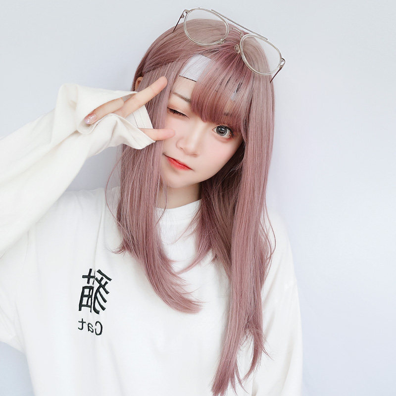 薄藤色粉色女长发假发长直发cos二次元动漫彩色儿童原宿粉毛头发