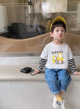 儿童卡通汽车图案童装挖掘机衣服男童宽松上衣宝宝秋装假两件T恤