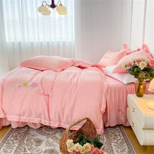 喜嫁全棉纯棉床裙四件套刺绣粉色公主风床罩套裙式 床上用品粉红色