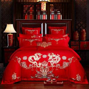 极速婚庆四件组大红色全棉刺绣新婚床品纯棉龙凤被套欧式结婚床上