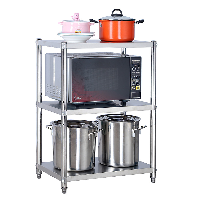 夹缝三层不锈钢厨房置物架落地收纳方形放锅架家用货架子白钢新品