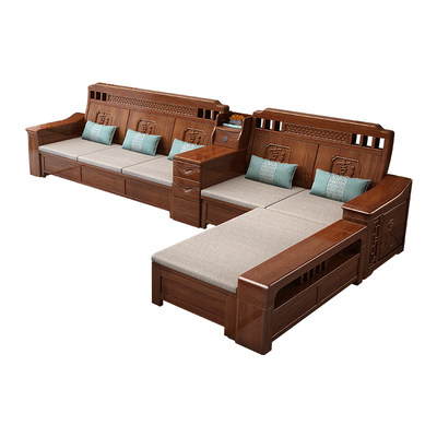 新中式胡桃木沙发全实木冬夏两用小户型客厅沙发组合现代储物家具