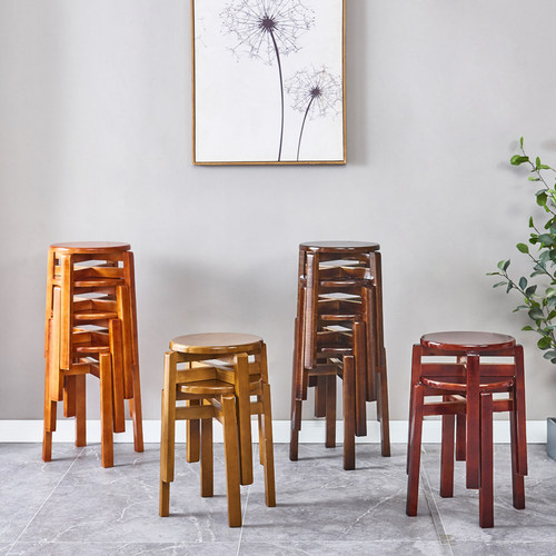 实木圆凳家用餐桌中式仿古橡木椅子现代简约可叠放易收藏换鞋板凳