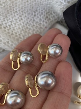 经典圆真多麻色系灰色q白色高跟鞋金色耳夹奥地利施家珍珠小众设