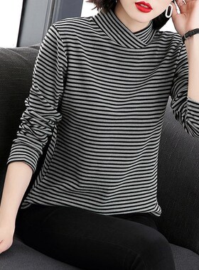 德绒半高领打底衫女长袖条纹t恤秋冬内搭大N码妈妈加绒保暖上衣厚