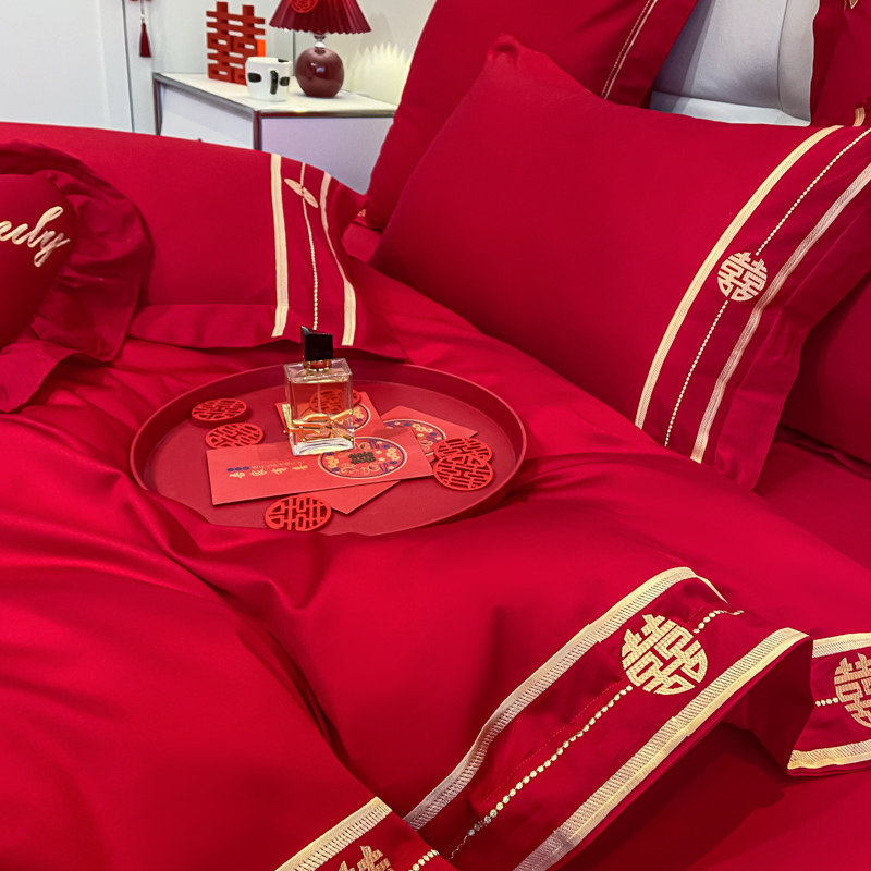 中式刺绣新婚庆四件套大红色喜字结婚床上用品全棉备婚房,床上用品,婚庆床品套件,淘宝优惠券,粉丝福利购,淘宝优惠卷