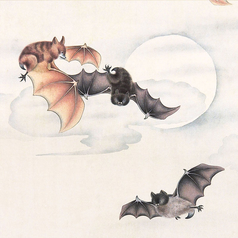 五蝠图丝绸画挂画五福临门客厅玄关装饰画书房办公v室卷轴画已装