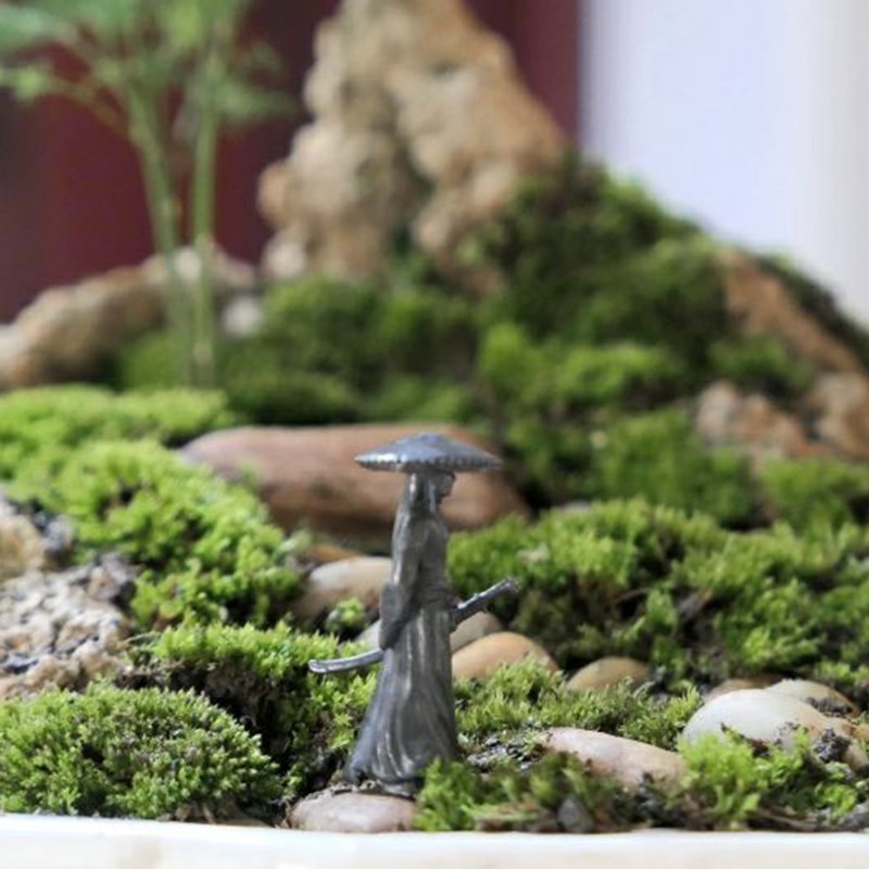 黄铜美女剑侠客人物茶桌盆景植物假山流水鱼缸小摆件微型景观模型