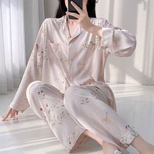 绵绸宽松家居服套装 高级感夏b季 大码 新款 人造棉春 棉绸睡衣女开衫