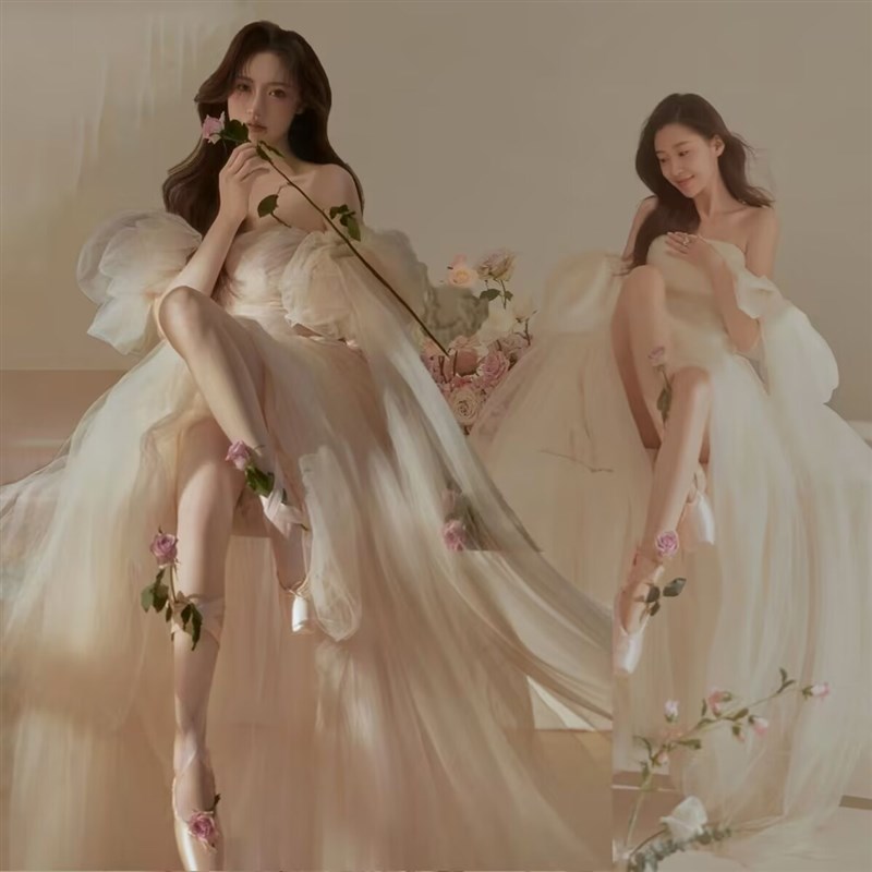 影楼孕妇照衣服主题新款法式森系超仙气抹胸网纱晚礼服.孕妈咪摄