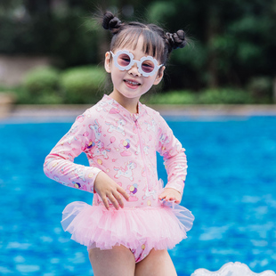 儿童泳衣2022女童女孩洋气夏季 仙气公主风 防晒游泳衣网纱裙式 长袖
