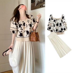 方领印花上衣辣妈托腹阔腿裙裤 复古蕾丝娃娃衫 两件套 孕妇法式 夏季