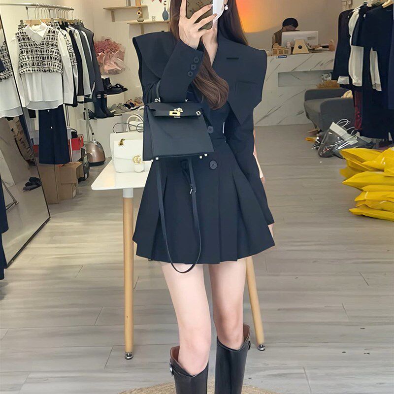 设计感拼接拨肩西装裙2023春秋新款H法式小众假两件收腰A字洋装