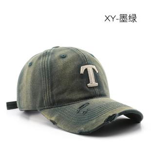 户外防晒帽子女遮阳鸭舌帽街头秋冬破洞棒球复古字母男出行水洗