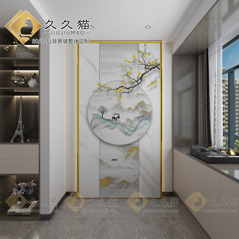 瓷砖背景墙岩板过道大理石玄关微晶石艺术现代新中式麋鹿壁砖定制