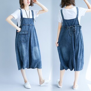 减龄牛仔背带裙女中长款2024新款夏季I韩版大码宽松学生吊带连衣