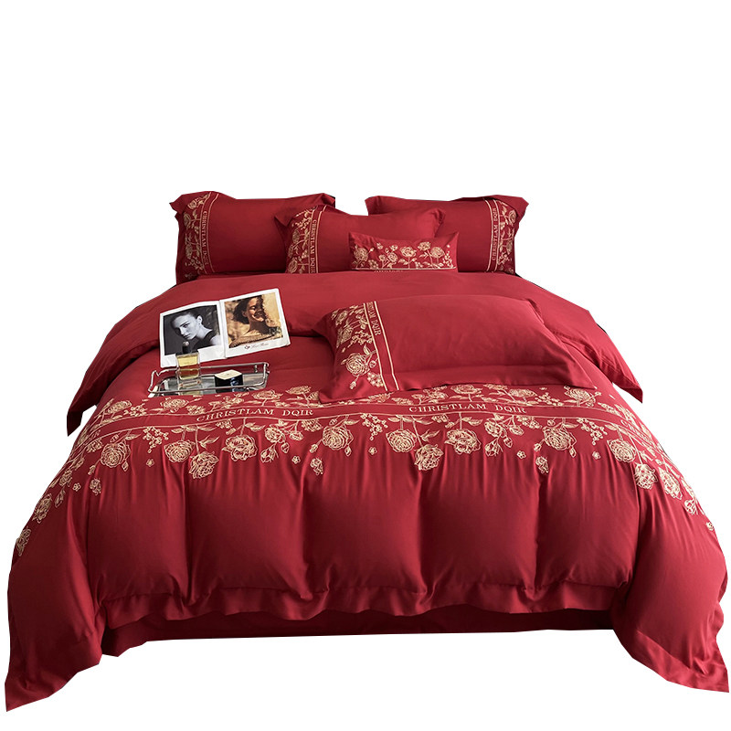 高档婚庆四件套纯棉大红色刺绣被套喜被床单全棉结婚床上用品婚嫁,床上用品,婚庆床品套件,淘宝优惠券,粉丝福利购,淘宝优惠卷