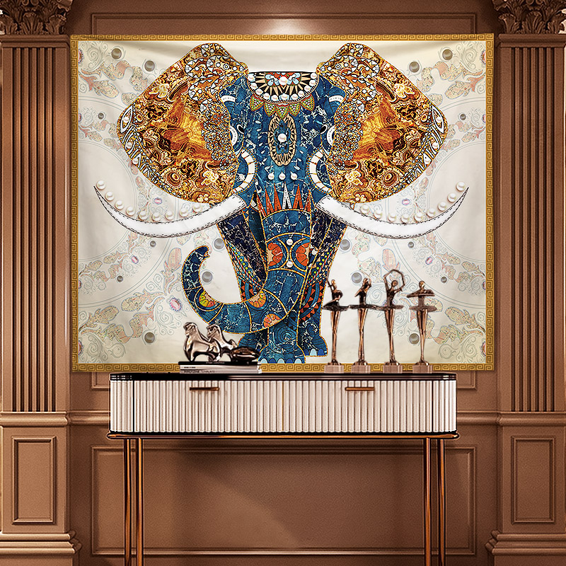 中式客厅装饰画挂布壁毯北欧沙发背景墙布艺油画大象麋鹿棉麻挂毯图片