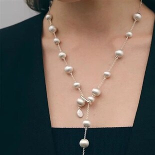 拉丝银球串珠项链女小众设计高级感长款毛衣链气质叠戴锁骨链颈链