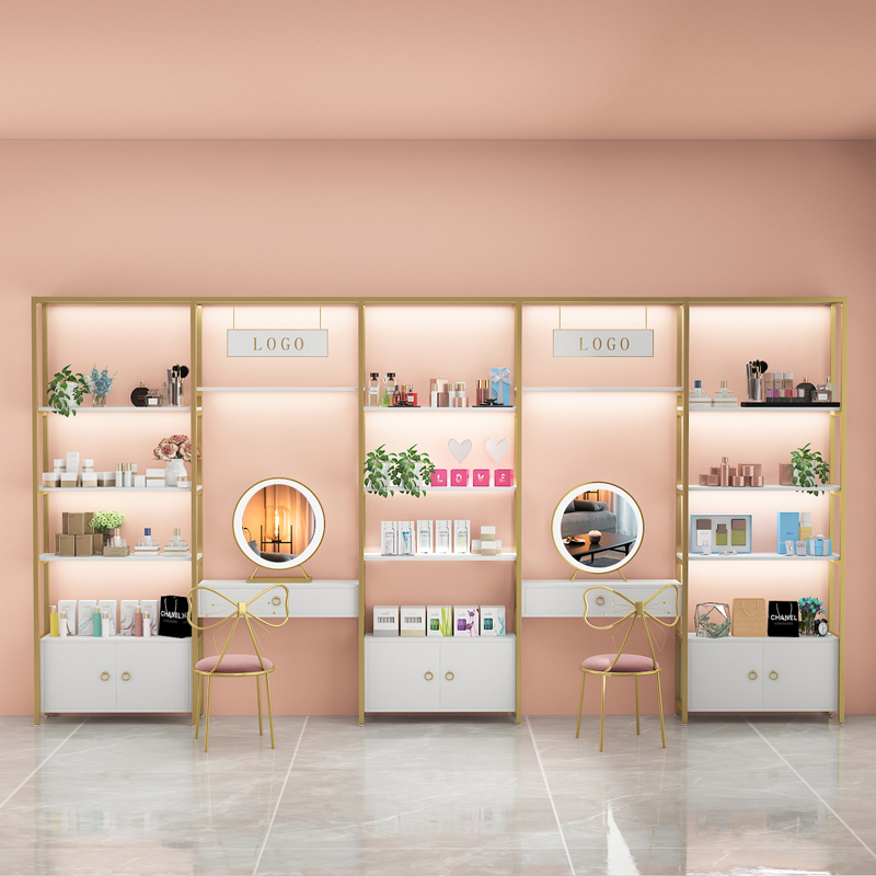 美容院产品展示柜化妆品展示架护肤品货架置物架轻奢梳妆台带镜子