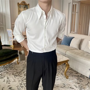 黑色通勤休闲长袖 2023新款 大尖领修身 衬衫 衬 男英伦轻熟商务y意式
