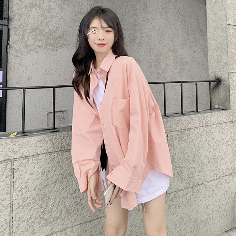 现货粉色衬衫女设计感小众2024新款秋季小个子长袖外套上衣叠穿衬