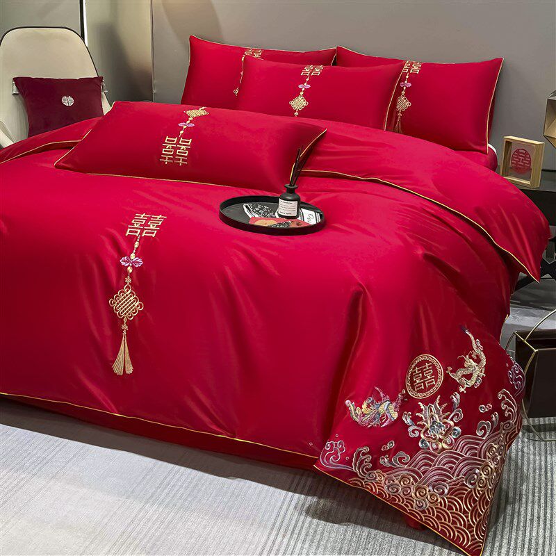 中式婚庆四件套大红色被套100刺绣全棉结婚床上用品床笠4,床上用品,婚庆床品套件,淘宝优惠券,粉丝福利购,淘宝优惠卷
