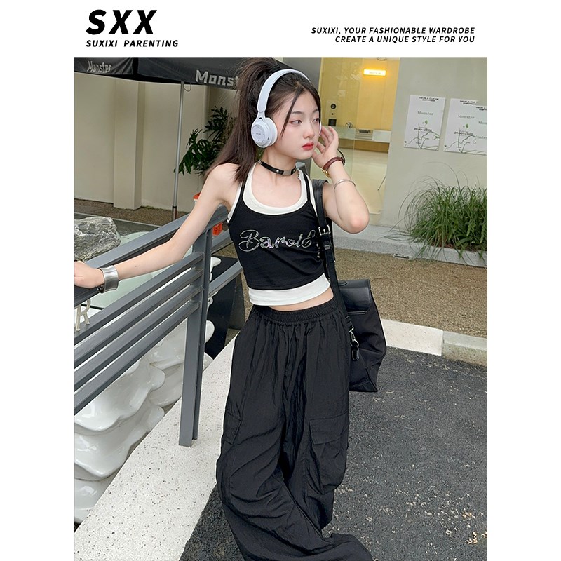 女童2024辣妹撞色烫钻背心速干运动裤工装裤夏季套装工装防蚊裤