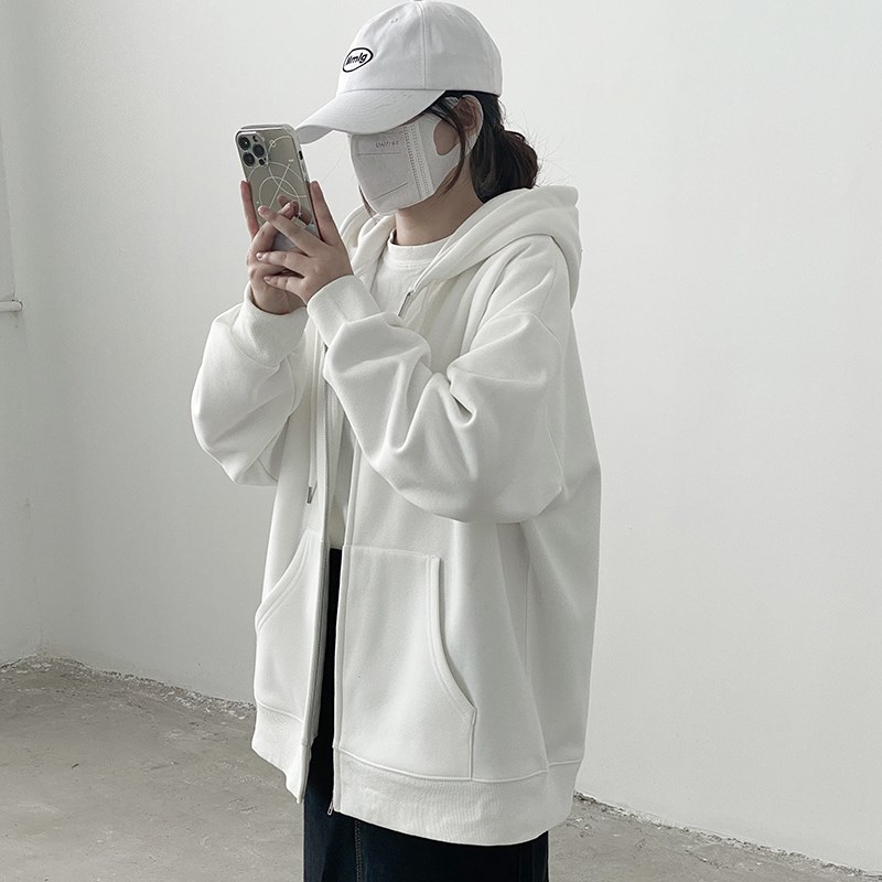 米白色卫衣女春秋2024新款纯白上衣宽松百搭拉链S开衫长袖薄款外