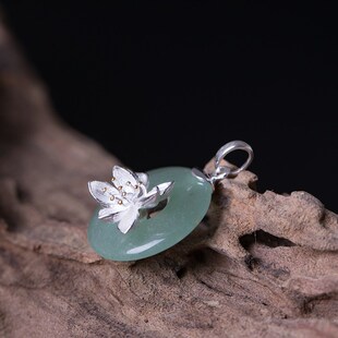 s925银花朵项坠女复古文艺东陵玉平安扣分色莲花黑皮绳短款锁骨链