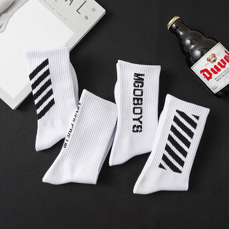 4双 长袜男潮流高帮长筒袜子白色字母条纹街头滑板袜学生韩版